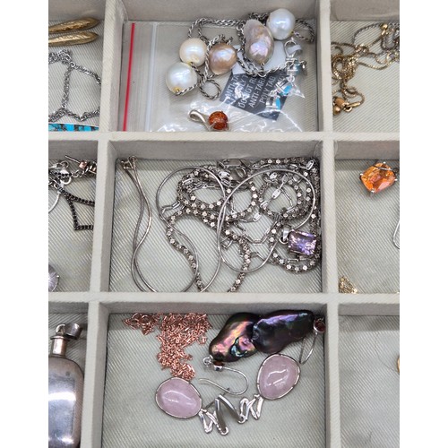 77 - Jewellery box containing silver jewellery; Silver perfume bottle pendant. Silver and pearl earrings.... 