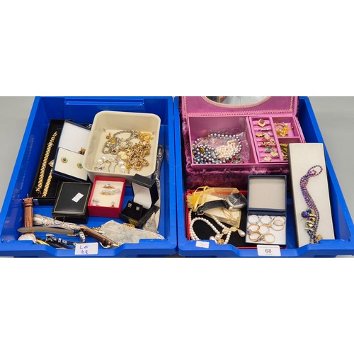 68 - Two trays of Costume jewellery; 9ct Gold Rabbit Charm. Various ladies watches. Rings, necklaces and ... 
