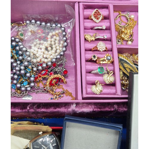 68 - Two trays of Costume jewellery; 9ct Gold Rabbit Charm. Various ladies watches. Rings, necklaces and ... 