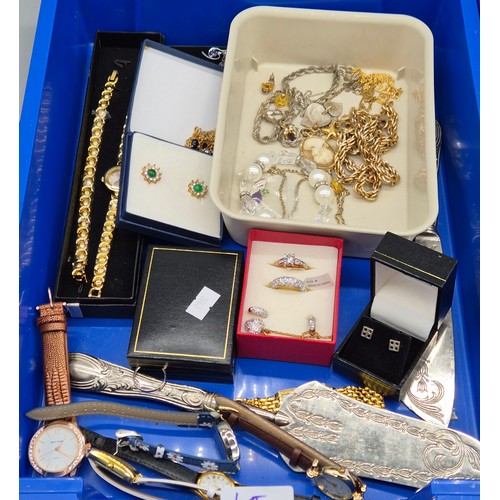 68 - Two trays of Costume jewellery; 9ct Gold Rabbit Charm. Various ladies watches. Rings, necklaces and ... 