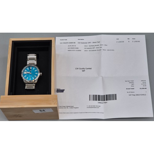 64 - Christopher Ward C63 Sealander GMT Wristwatch. 39mm Teal. Comes with owners handbook and box.