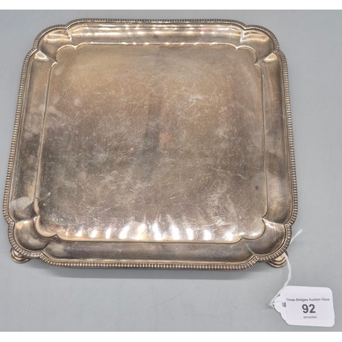 92 - Sheffield Silver card tray. Raised on four hoof feet. Produced by Cooper Bros & Sons Ltd. 640grams. ... 
