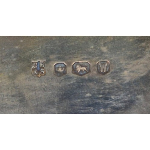 92 - Sheffield Silver card tray. Raised on four hoof feet. Produced by Cooper Bros & Sons Ltd. 640grams. ... 