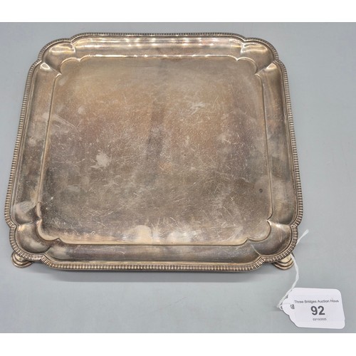 92 - Sheffield Silver card tray. Raised on four hoof feet. Produced by Cooper Bros & Sons Ltd. 640grams. ... 