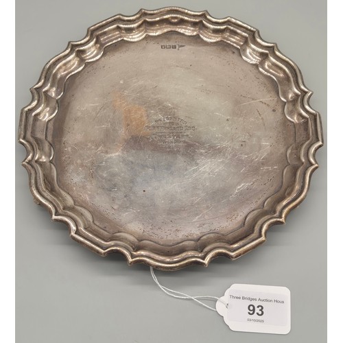 93 - Sheffield Silver Card Tray. Pie Crust Edge. Engraved to the centre- rubbed. Produced by Walker & Hal... 