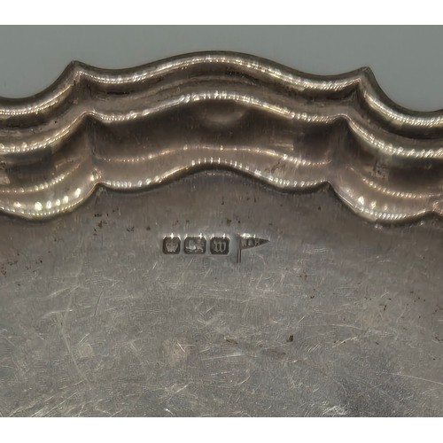 93 - Sheffield Silver Card Tray. Pie Crust Edge. Engraved to the centre- rubbed. Produced by Walker & Hal... 