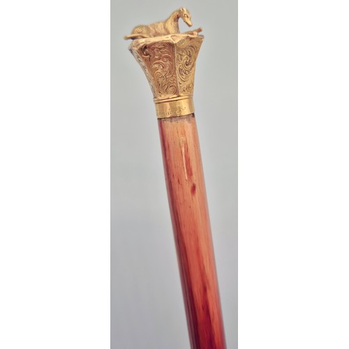 89 - Victorian Swaine & Isaac of London 18ct yellow gold and Mahogany swagger stick. 18ct is design with ... 