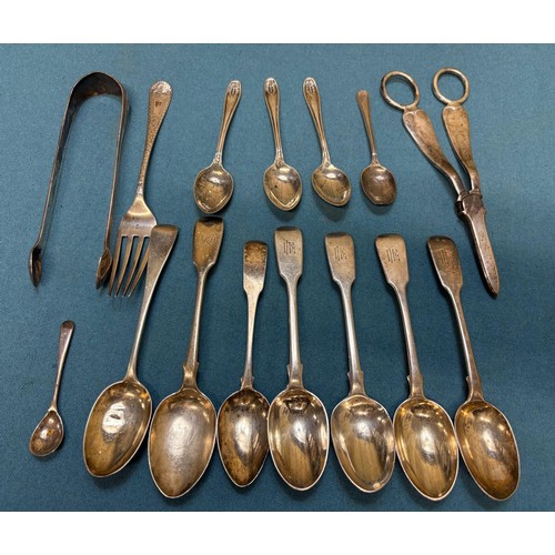 100A - A Collection of Silver flatwares; Sheffield Silver Crape scissors. Two Various Dublin Silver tea spo... 