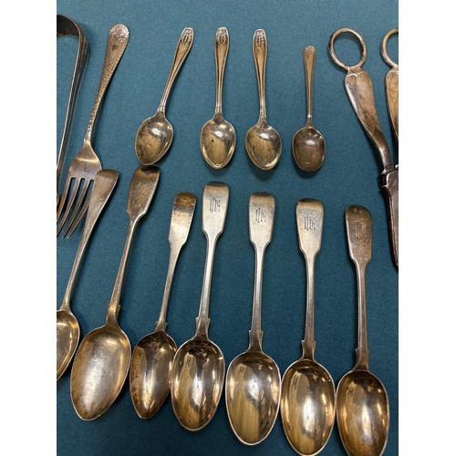 100A - A Collection of Silver flatwares; Sheffield Silver Crape scissors. Two Various Dublin Silver tea spo... 