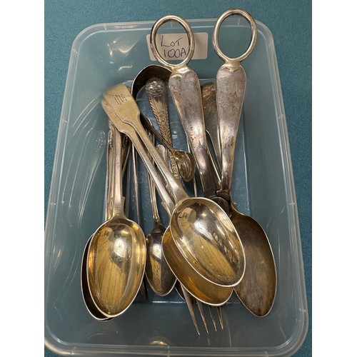 100A - A Collection of Silver flatwares; Sheffield Silver Crape scissors. Two Various Dublin Silver tea spo... 
