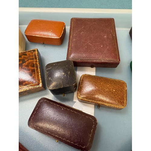 110 - A Collection of antique and vintage jewellery boxes; Includes leather boxes. Ring & Brooch boxes.