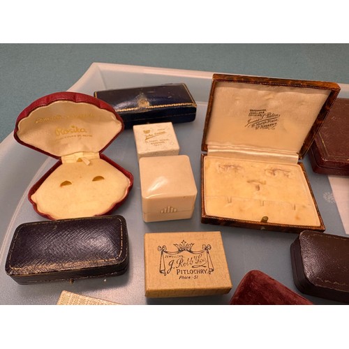 110 - A Collection of antique and vintage jewellery boxes; Includes leather boxes. Ring & Brooch boxes.