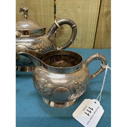111 - Chinese Silver three piece tea set; Produced by Tuck Chang. Maker mark to the base. Raised relief Bl... 