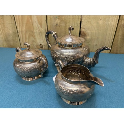 111 - Chinese Silver three piece tea set; Produced by Tuck Chang. Maker mark to the base. Raised relief Bl... 