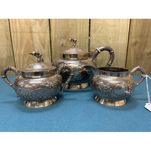 111 - Chinese Silver three piece tea set; Produced by Tuck Chang. Maker mark to the base. Raised relief Bl... 