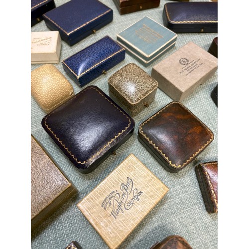 108 - A Collection of antique and vintage jewellery boxes; Includes leather boxes. Ring & Brooch boxes.