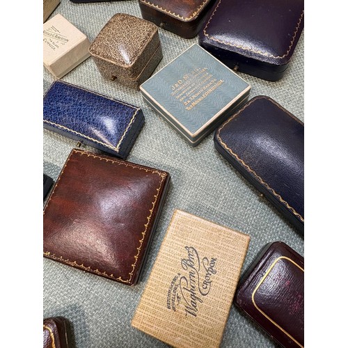 108 - A Collection of antique and vintage jewellery boxes; Includes leather boxes. Ring & Brooch boxes.