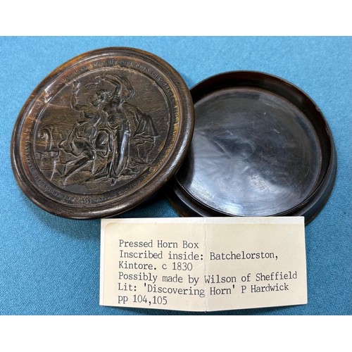 104 - Early 19th century Pressed Horn Box. Inscribed inside: Batchelorston, Kintore. c.1830. Possibly made... 