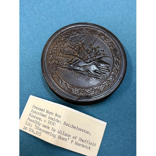 104 - Early 19th century Pressed Horn Box. Inscribed inside: Batchelorston, Kintore. c.1830. Possibly made... 