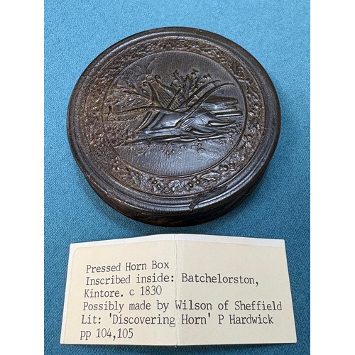 104 - Early 19th century Pressed Horn Box. Inscribed inside: Batchelorston, Kintore. c.1830. Possibly made... 