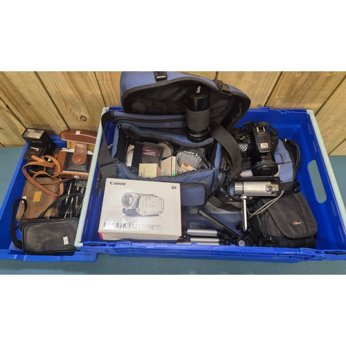 Two Crates of Cameras & Collectable items; Cannon Legria video camera ...