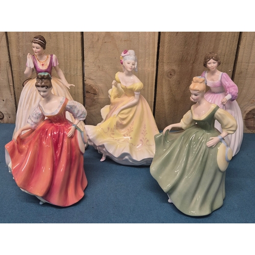 Collection of Five Royal Doulton Figurines; Fair lady's figures pink Coral  & Green Dress versions ,