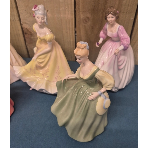 Collection of Five Royal Doulton Figurines; Fair lady's figures pink Coral  & Green Dress versions ,