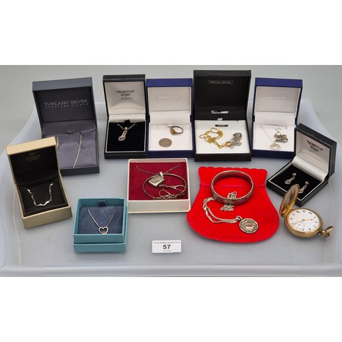 57 - Tray of Silver Jewellery and Odds; Silver Bangle. Silver fob medal and silver Curb necklace. Various... 