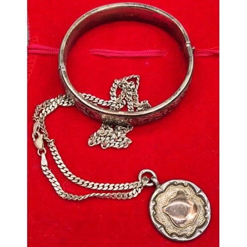 57 - Tray of Silver Jewellery and Odds; Silver Bangle. Silver fob medal and silver Curb necklace. Various... 