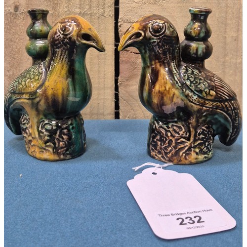 232 - Pair of Chinese Antique Sancai glazed gird vases with tri colour. 11.5cm in height.