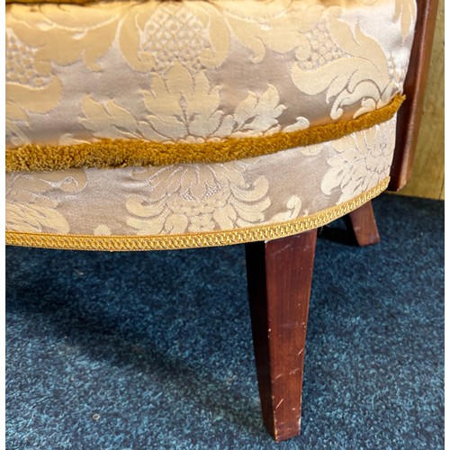 246 - Pair of vintage bedroom arm chairs. Gilt trim upholstery. Raised on shaped legs.