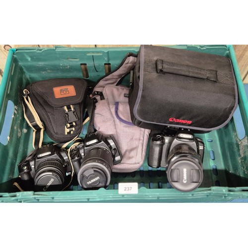 237 - Three various digital cameras; Canon EOS with Jessop 58mm lens. Canon EOS with Tamron 100-300mm lens... 