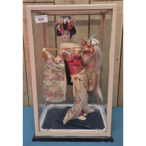 Cased Japanese Geisha figure. Fitted within a glass and wood cabinet.