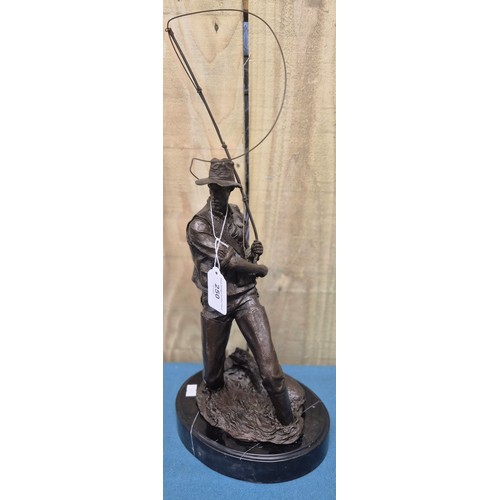 250 - Bronze Fisherman Sculpture Raised on a marble base. 24cm high- measured to hat.