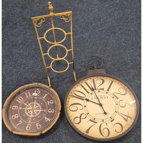 358 - Collection of Two Reproduction Battery operated wall Clocks & Brass Three Tier Cake Stand.