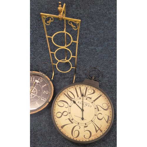 358 - Collection of Two Reproduction Battery operated wall Clocks & Brass Three Tier Cake Stand.