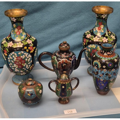 119 - Tray Of Antique and vintage Chinese Cloisonne Wares. Three foot censor pot with lid, Tea pot, Vase, ... 