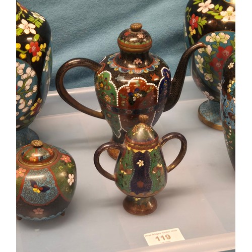 119 - Tray Of Antique and vintage Chinese Cloisonne Wares. Three foot censor pot with lid, Tea pot, Vase, ... 