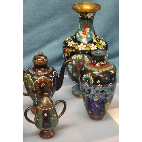 119 - Tray Of Antique and vintage Chinese Cloisonne Wares. Three foot censor pot with lid, Tea pot, Vase, ... 