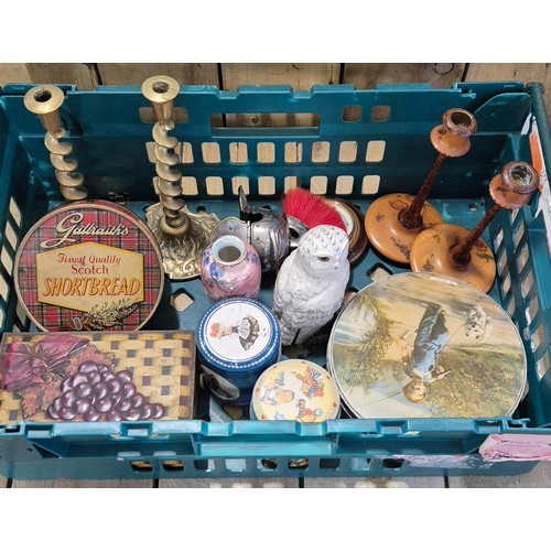 111 - Crate Of Collectables; Royal Doulton Whyte & Mackay Snowy Owl, Burleigh Ware Lustre Vase With Bird D... 