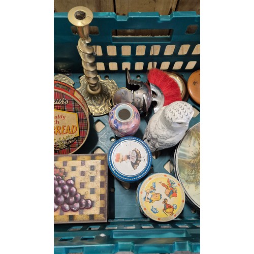 111 - Crate Of Collectables; Royal Doulton Whyte & Mackay Snowy Owl, Burleigh Ware Lustre Vase With Bird D... 