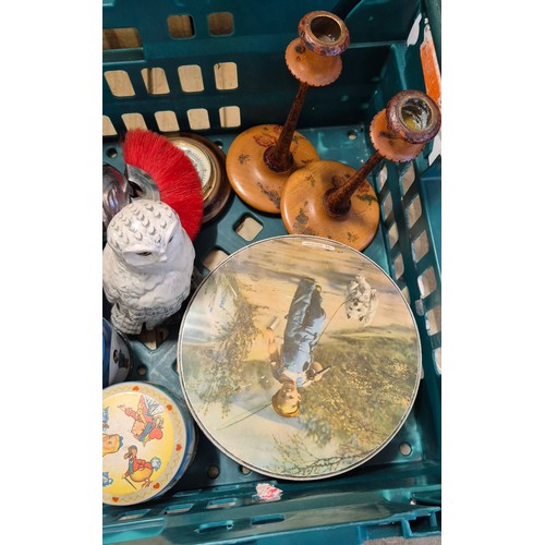 111 - Crate Of Collectables; Royal Doulton Whyte & Mackay Snowy Owl, Burleigh Ware Lustre Vase With Bird D... 