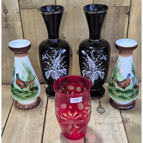 110 - Selection Of Glassware; Two Large Victorian Black Glass Hand Painted Vases, Two Victorian Opaline Gl... 