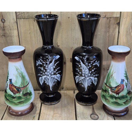 110 - Selection Of Glassware; Two Large Victorian Black Glass Hand Painted Vases, Two Victorian Opaline Gl... 
