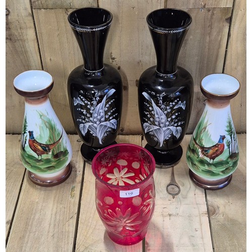 110 - Selection Of Glassware; Two Large Victorian Black Glass Hand Painted Vases, Two Victorian Opaline Gl... 