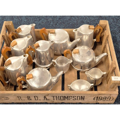 374 - Crate Of Piquot Ware Tea/ Coffee Pots, Sugar And Creams.