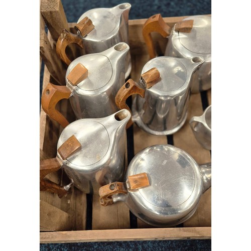 374 - Crate Of Piquot Ware Tea/ Coffee Pots, Sugar And Creams.