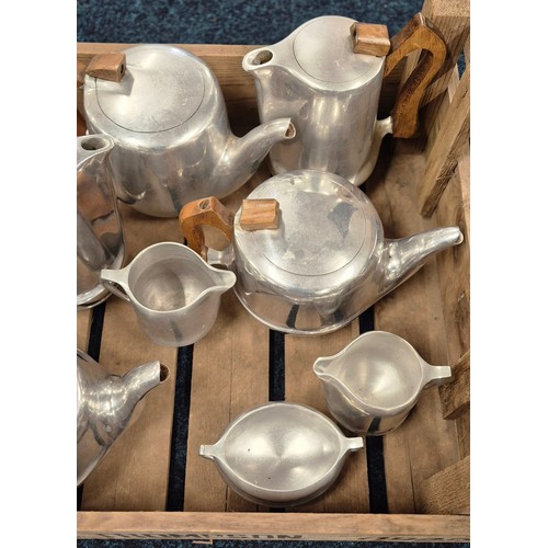 374 - Crate Of Piquot Ware Tea/ Coffee Pots, Sugar And Creams.