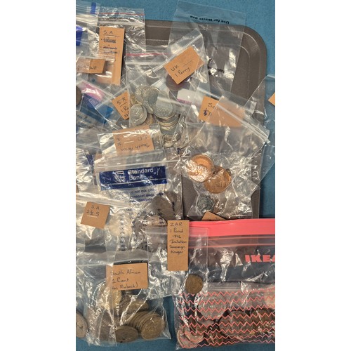 123 - Tray Of World Coins. Includes two African Medallions. Mostly African currency.