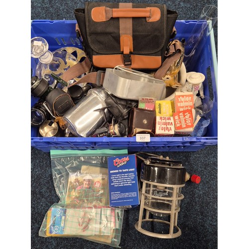 337 - Crate of Collectables; 19th Century Pewter Stein, Silver plated wares, Piquot Ware, Oil lamp funnel,... 